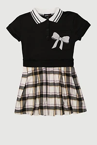 Girls Glitter Bow Graphic Layered Collared Skater Dress,