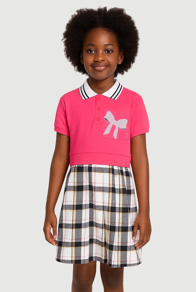Girls Glitter Bow Graphic Layered Collared Skater Dress, Pink, Size 14-16