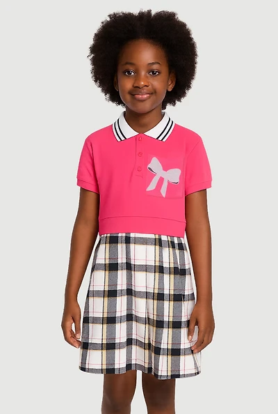 Girls Glitter Bow Graphic Layered Collared Skater Dress, Pink, Size 7-8