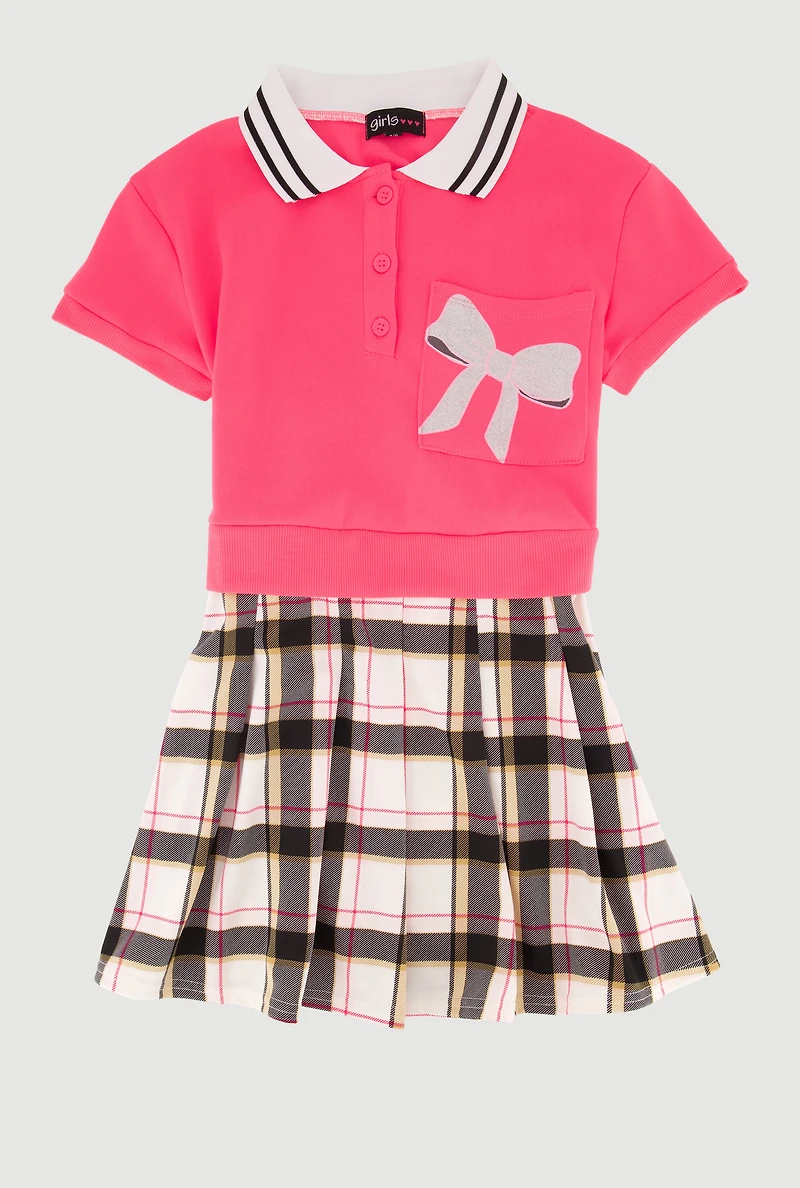 Girls Glitter Bow Graphic Layered Collared Skater Dress, Pink, Size 14-16
