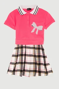 Girls Glitter Bow Graphic Layered Collared Skater Dress, Pink, Size 14-16