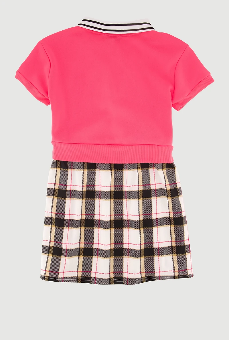 Girls Glitter Bow Graphic Layered Collared Skater Dress, Pink, Size 14-16