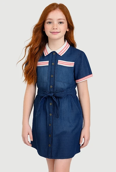 Girls Denim Varsity Stripe Shirt Dress with Tie Waist Belt, Blue, Size 7-8