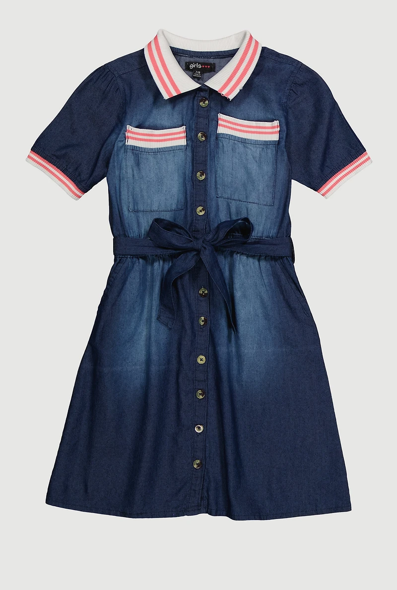 Girls Denim Varsity Stripe Shirt Dress with Tie Waist Belt, Blue, Size 7-8