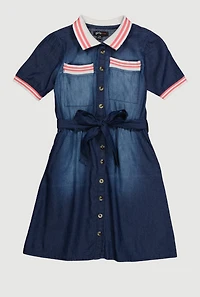 Girls Denim Varsity Stripe Shirt Dress with Tie Waist Belt, Blue, Size 7-8