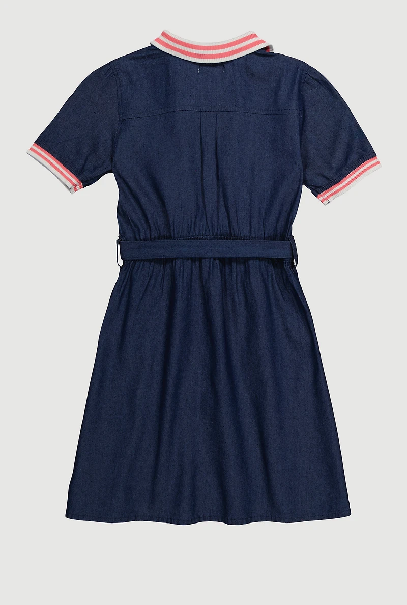 Girls Denim Varsity Stripe Shirt Dress with Tie Waist Belt, Blue, Size 7-8