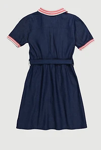 Girls Denim Varsity Stripe Shirt Dress with Tie Waist Belt, Blue, Size 7-8