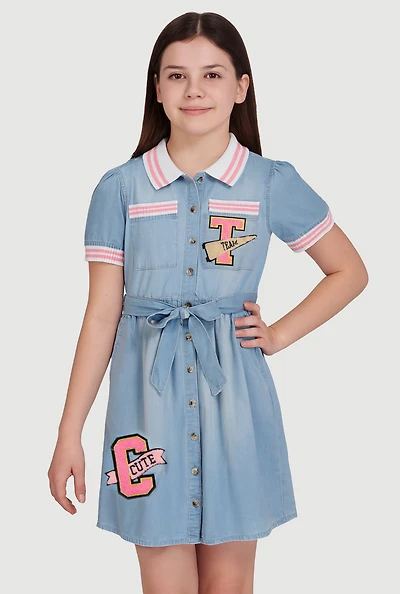 Girls Chenille Graphic Patch Denim Dress with Tie Waist Belt, Blue, Size 7-8