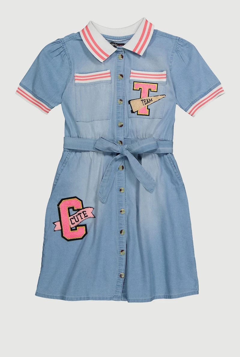 Girls Chenille Graphic Patch Denim Dress with Tie Waist Belt, Blue, Size 10-12