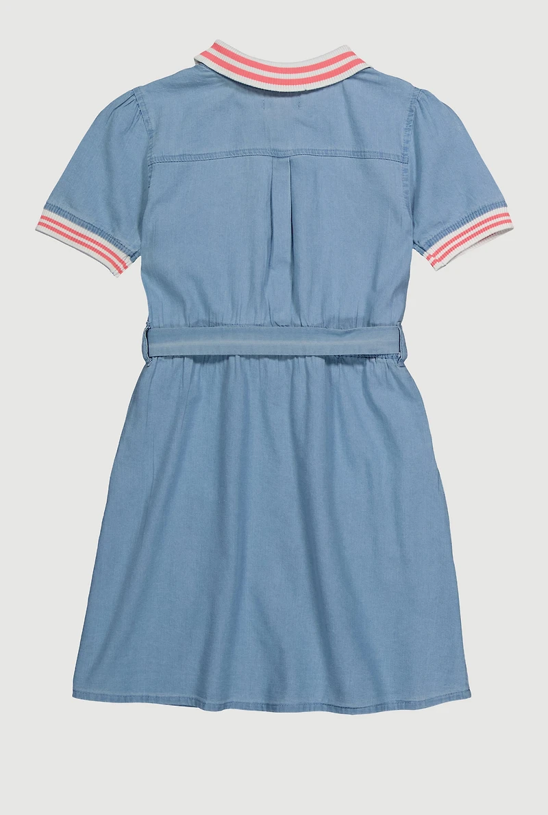 Girls Chenille Graphic Patch Denim Dress with Tie Waist Belt, Blue, Size 10-12
