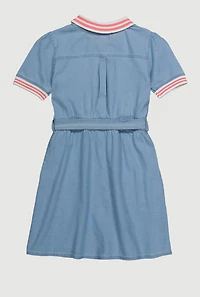 Girls Chenille Graphic Patch Denim Dress with Tie Waist Belt, Blue, Size 10-12