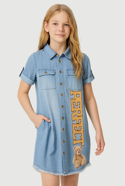 Girls Chenille Perfect Bear Graphic Frayed Hem Shirt Dress, Blue,