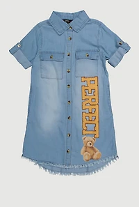 Girls Chenille Perfect Bear Graphic Frayed Hem Shirt Dress, Blue,