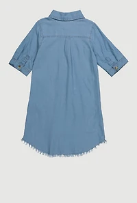 Girls Chenille Perfect Bear Graphic Frayed Hem Shirt Dress, Blue,