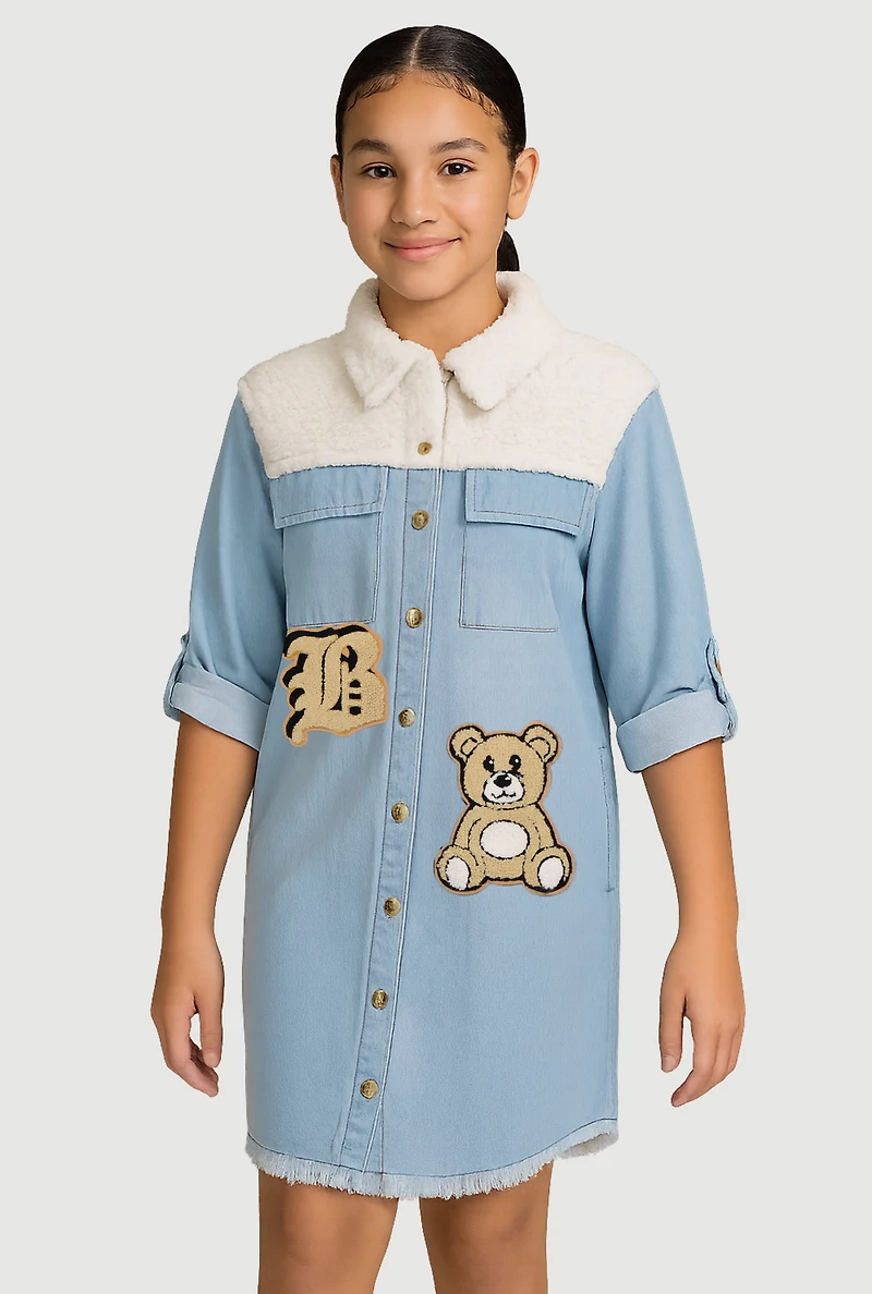 Girls Sherpa Detail Initial B Chenille Patch Graphic Denim Dress, Blue, Size 14-16