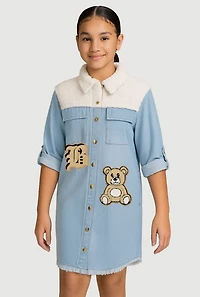 Girls Sherpa Detail Initial B Chenille Patch Graphic Denim Dress, Blue, Size 14-16