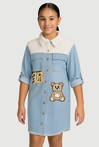 Girls Sherpa Detail Initial B Chenille Patch Graphic Denim Dress, Blue,