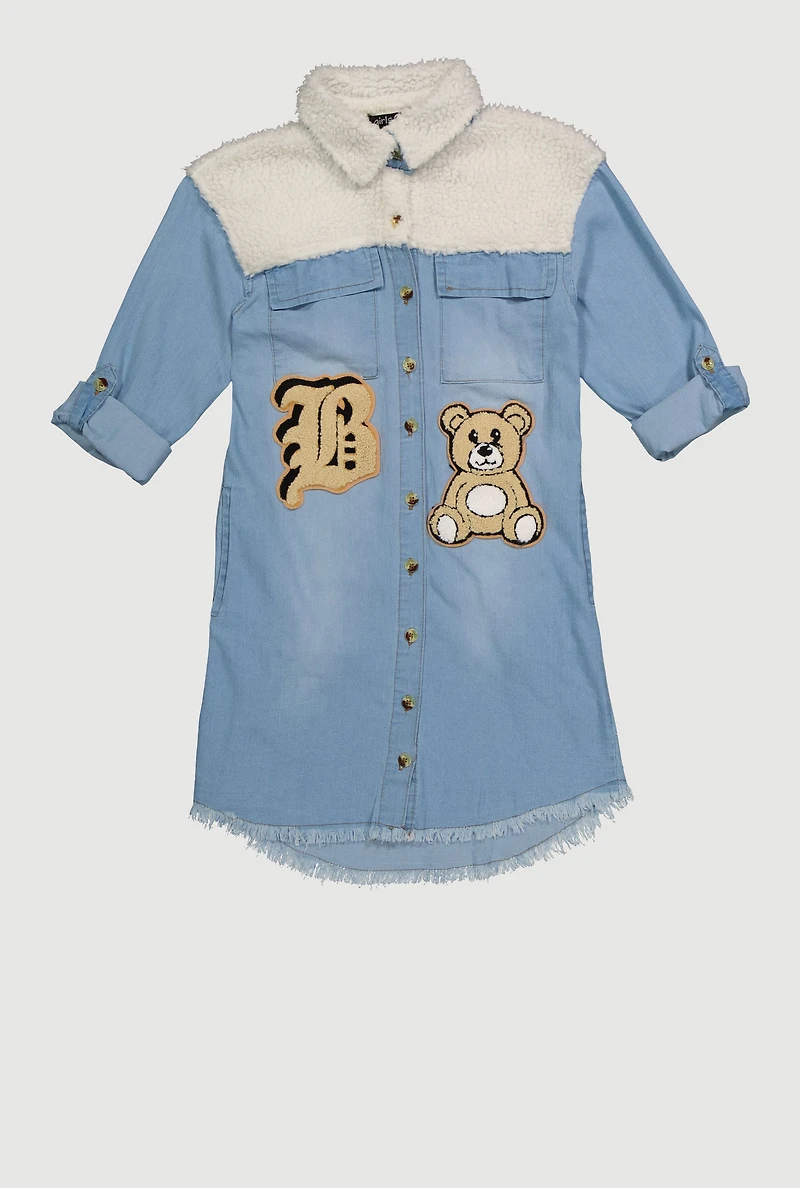 Girls Sherpa Detail Initial B Chenille Patch Graphic Denim Dress, Blue, Size 14-16