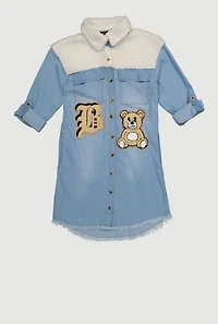 Girls Sherpa Detail Initial B Chenille Patch Graphic Denim Dress, Blue, Size 14-16