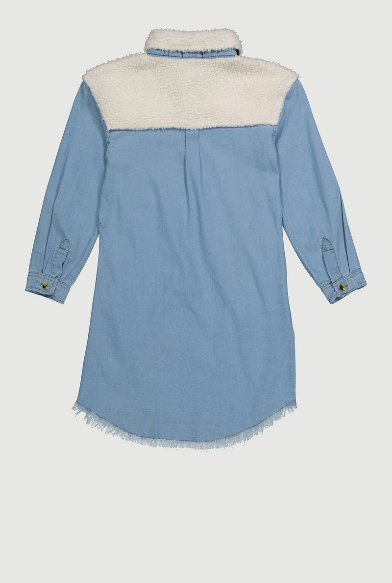 Girls Sherpa Detail Initial B Chenille Patch Graphic Denim Dress, Blue, Size 14-16