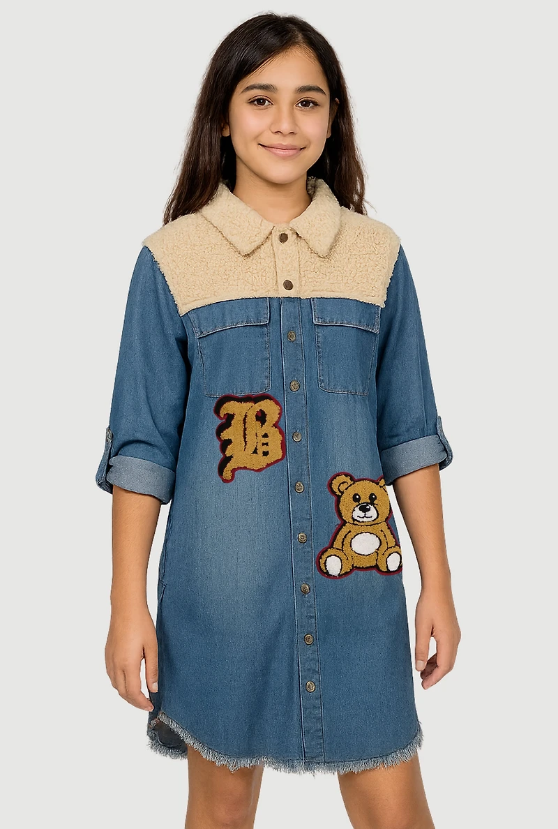 Girls Sherpa Detail Initial B Chenille Patch Graphic Denim Dress, Blue, Size 10-12