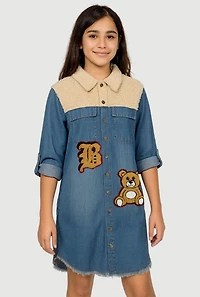 Girls Sherpa Detail Initial B Chenille Patch Graphic Denim Dress, Blue, Size 10-12
