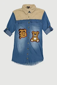 Girls Sherpa Detail Initial B Chenille Patch Graphic Denim Dress, Blue, Size 10-12