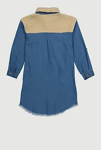 Girls Sherpa Detail Initial B Chenille Patch Graphic Denim Dress, Blue, Size 10-12