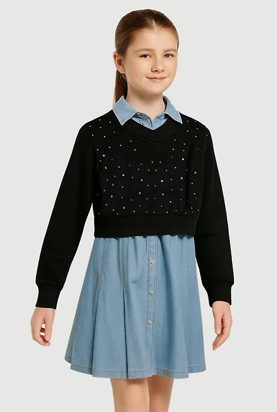 Girls Rhinestone Sweatshirt Layered Look Dress, Multi,