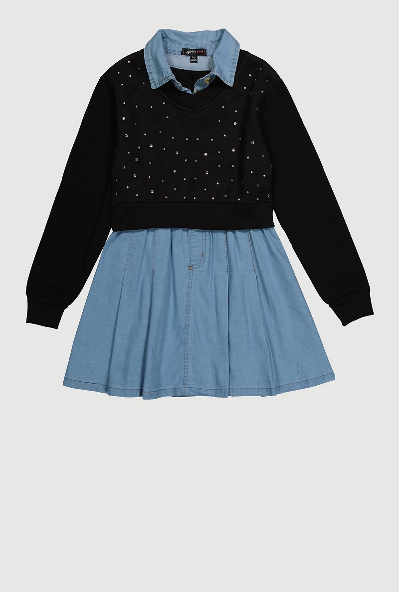 Girls Rhinestone Sweatshirt Layered Look Dress, Multi,
