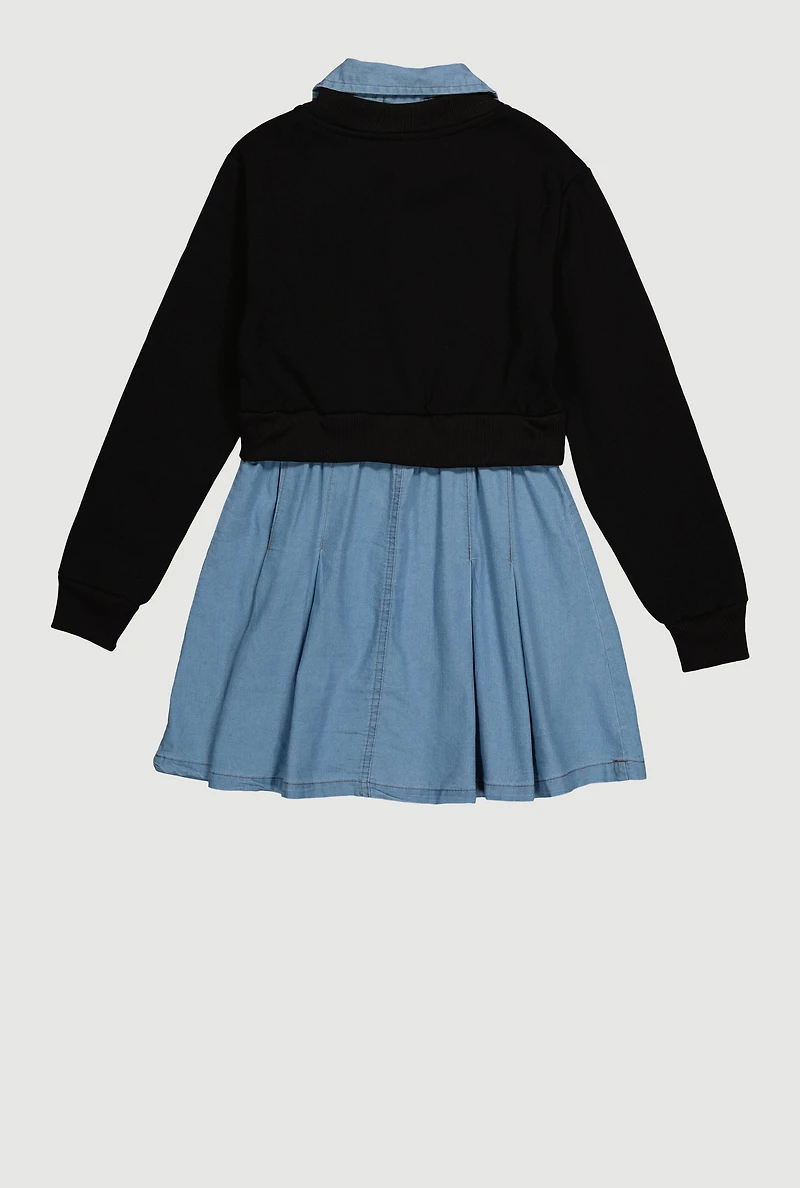 Girls Rhinestone Sweatshirt Layered Look Dress