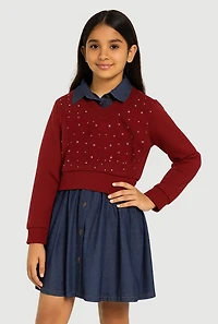 Girls Rhinestone Sweatshirt Layered Look Dress, Multi,