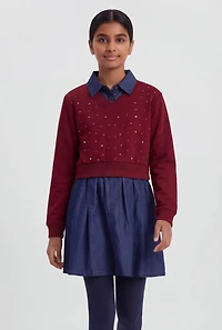 Girls Rhinestone Sweatshirt Layered Look Dress