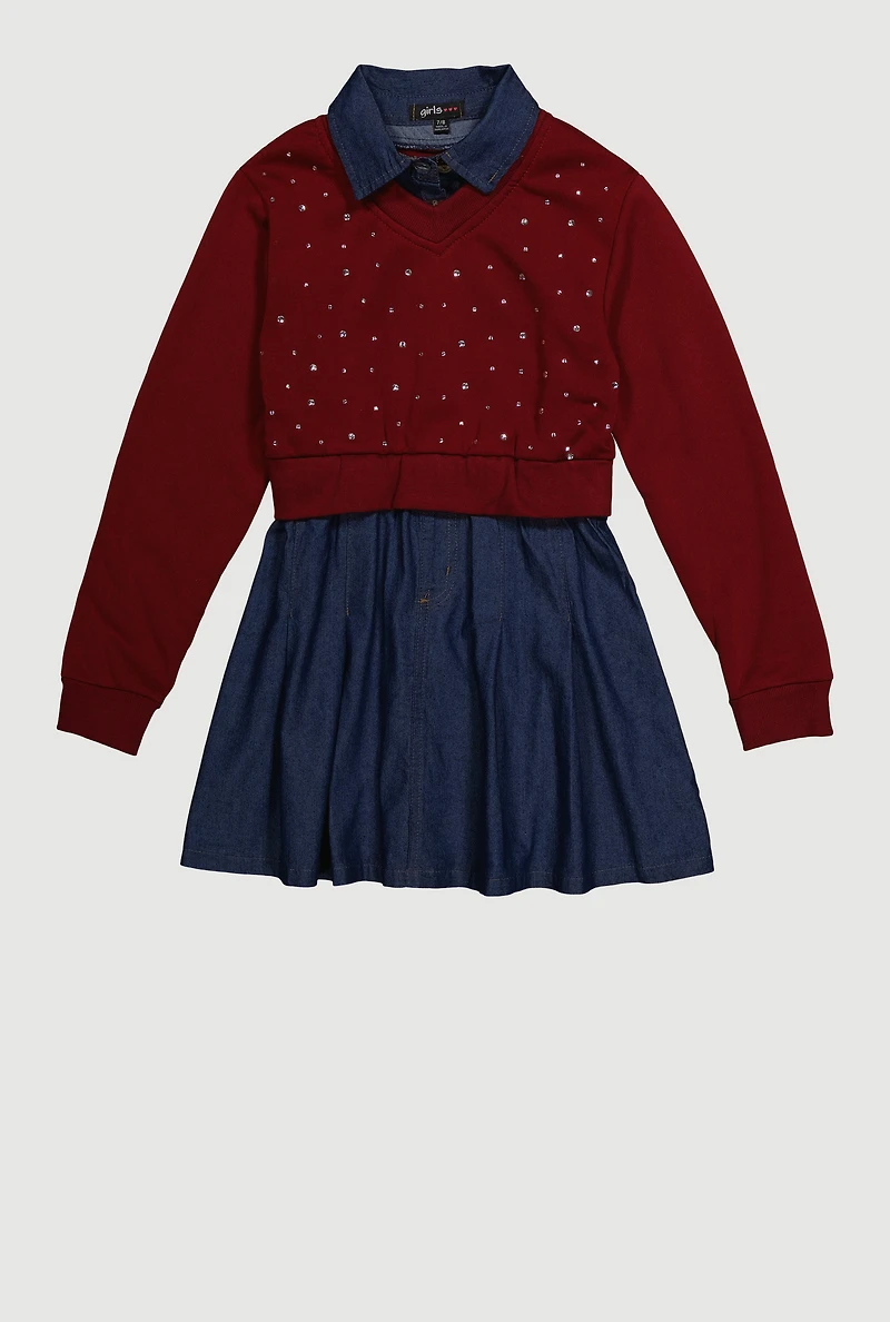 Girls Rhinestone Sweatshirt Layered Look Dress, Multi,