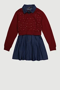 Girls Rhinestone Sweatshirt Layered Look Dress, Multi,