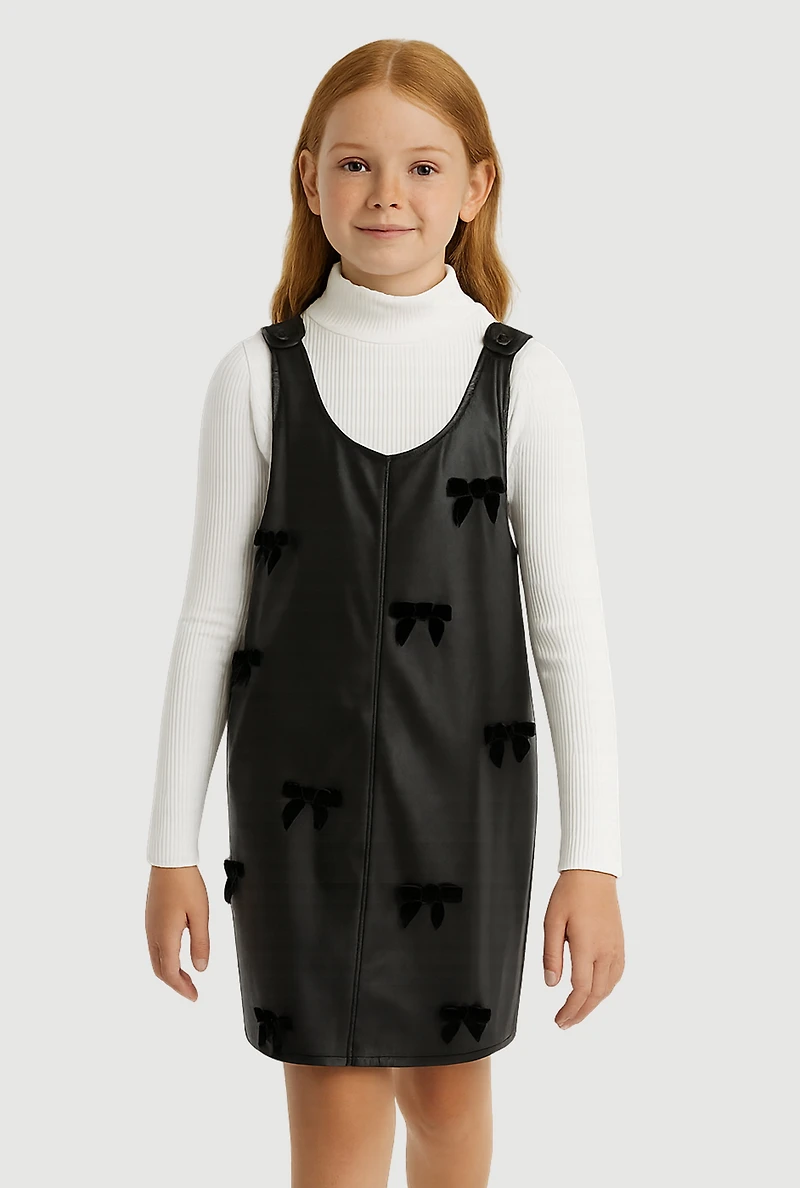 Girls Faux Leather Bow Detail Overall Dress with Top, Black, Size 10-12