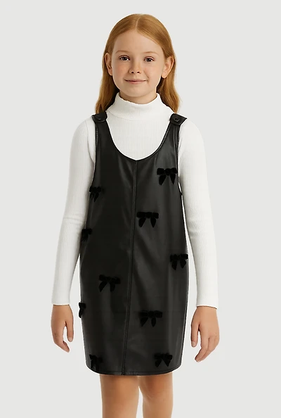 Girls Faux Leather Bow Detail Overall Dress with Top, Black, Size 14-16