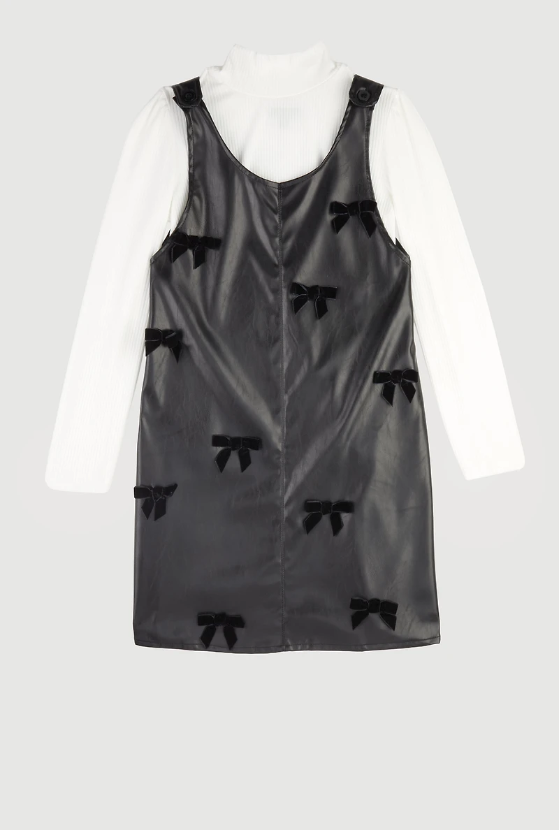 Girls Faux Leather Bow Detail Overall Dress with Top, Black, Size 10-12