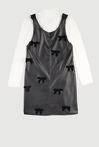 Girls Faux Leather Bow Detail Overall Dress with Top, Black, Size 10-12