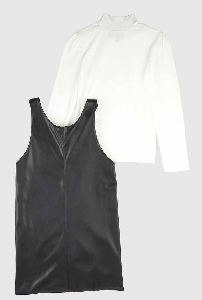 Girls Faux Leather Bow Detail Overall Dress with Top, Black, Size 10-12