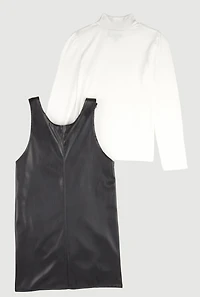 Girls Faux Leather Bow Detail Overall Dress with Top, Black, Size 10-12