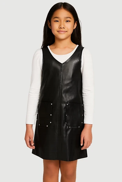 Girls Faux Leather Studded Cargo Pocket Dress with Top,