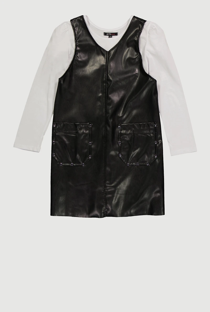 Girls Faux Leather Studded Pocket Dress with Top, Black, Size 10-12
