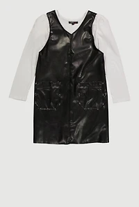 Girls Faux Leather Studded Pocket Dress with Top, Black, Size 10-12