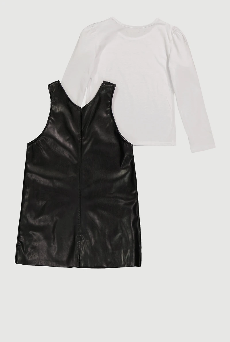 Girls Faux Leather Studded Pocket Dress with Top, Black, Size 10-12