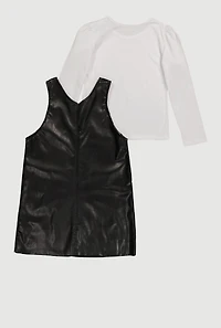 Girls Faux Leather Studded Pocket Dress with Top, Black, Size 10-12