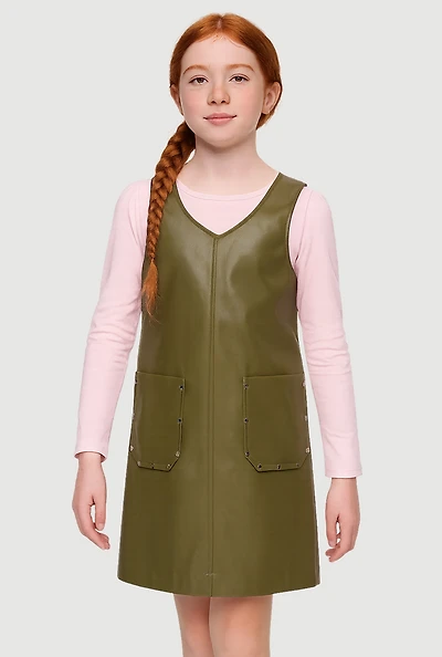 Girls Faux Leather Studded Pocket Dress with Top