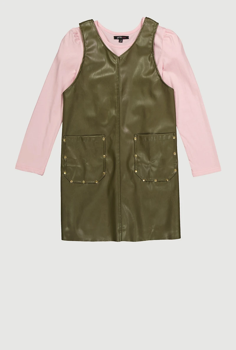 Girls Faux Leather Studded Pocket Dress with Top