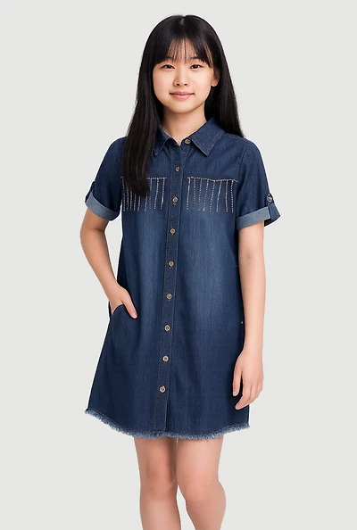 Girls Denim Shirt Dress with Rhinestone Fringe, Blue, Size 14-16