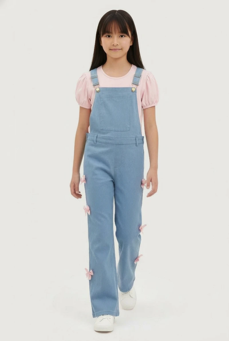 Girls Bow Detail Denim Overalls with Short Sleeve Top, Blue, Size 7-8